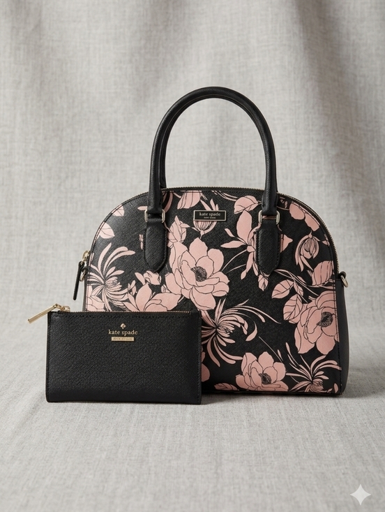 kate spade Handbags - kate spade Black & Pink Floral Dome Satchel with Black Wallet